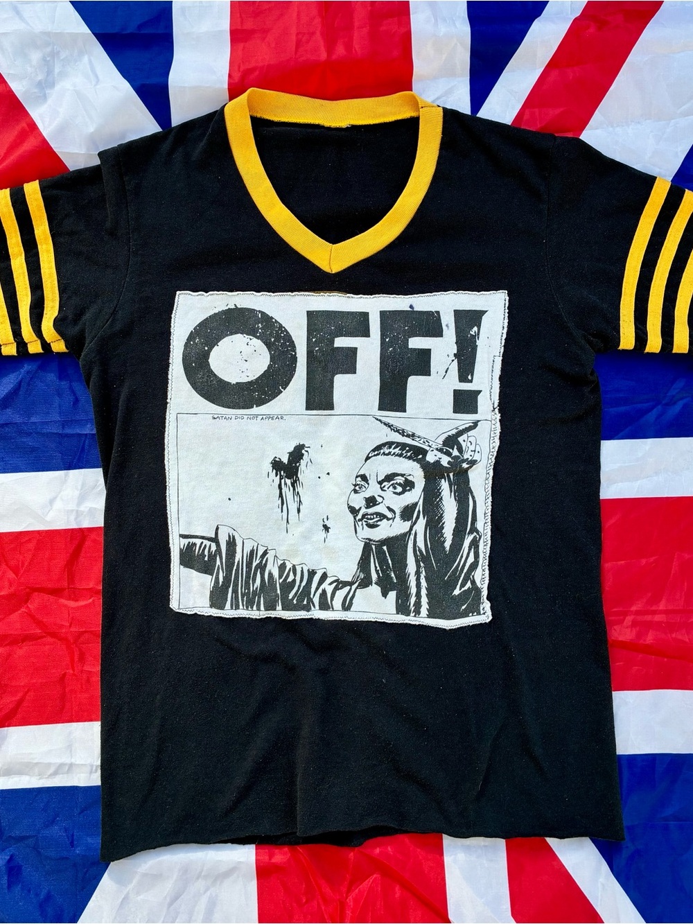 OFF! Mens S Black & Yellow Graphic Grunge Punk Band Tee